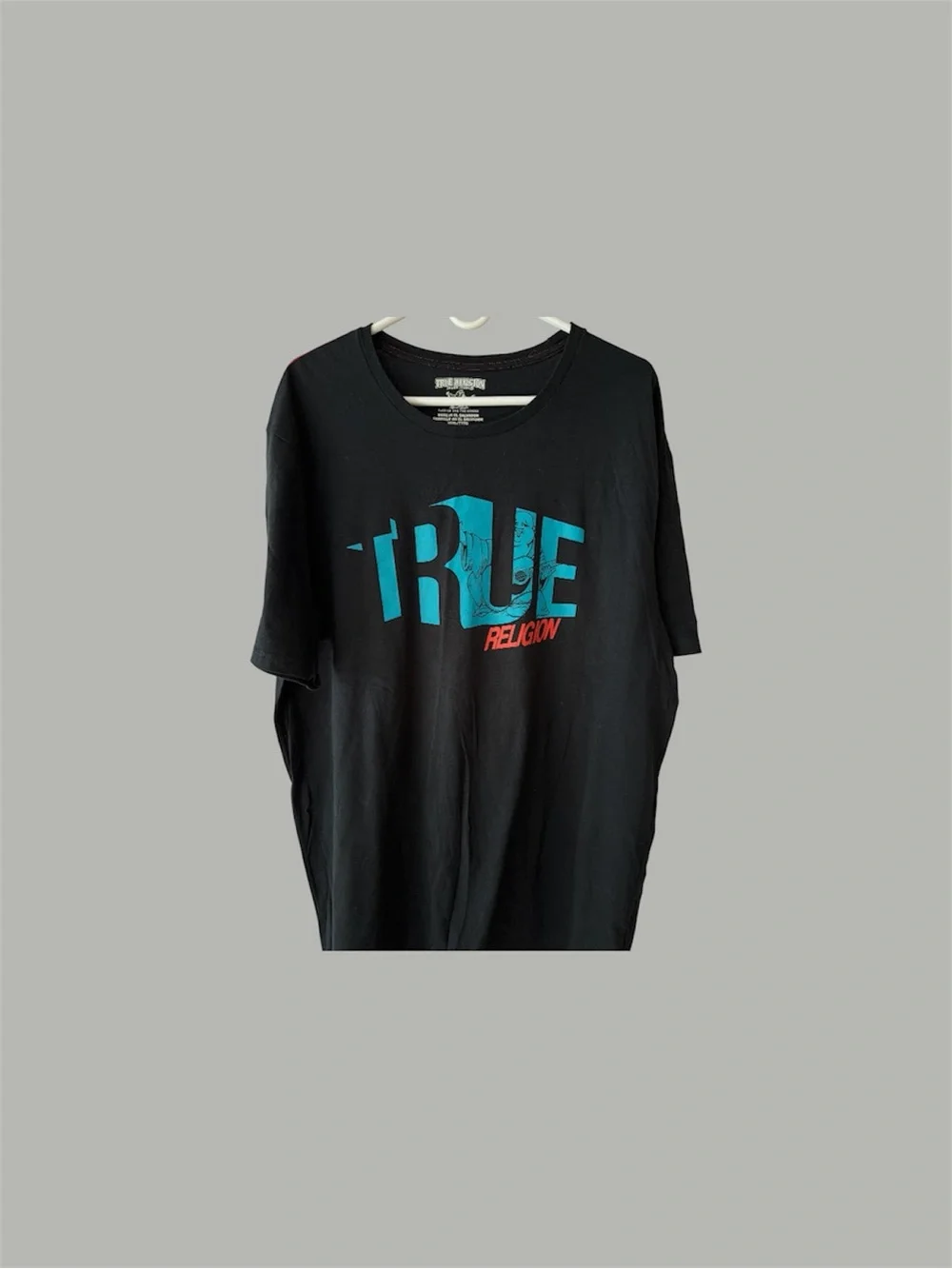 True Religion Black Tee with Teal Logo and Red Accent